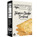 A box of Terrapin Ridge Farms Jalapeno Cheddar Cornbread Crackers, with savory golden crackers perfect for charcuterie boards, displays product details and images of the crackers on the front and side of the packaging.