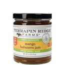Terrapin Ridge Farms Mango Habanero Jam, 11 oz (311g), comes with a black lid. This gluten free, vegan gourmet jam is perfect for sweet heat appetizers, cheese toppers, or as a glaze.