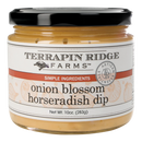 Terrapin Ridge Farms Onion Blossom Horseradish Dip comes in a glass jar with a black lid and features onion graphics. The 10 oz. dip offers bold, zesty flavor with simple ingredients—a savory sauce perfect for any occasion.
