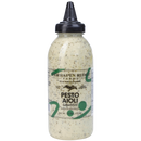 A 12.5 oz plastic squeeze bottle of Terrapin Ridge Farms Pesto Aioli features a creamy basil and garlic sauce, green-speckled in appearance, with a black nozzle cap and front product label.