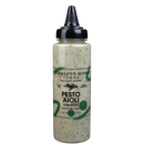 A Terrapin Ridge Farms Pesto Aioli Squeeze bottle with a green label, black nozzle, and visible creamy basil garlic sauce speckled with herbs.
