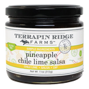 A jar of Terrapin Ridge Farms Pineapple Chile Lime Salsa with a white label featuring the brand and product names, gluten free claim, and fruit and pepper graphics. This sweet and spicy salsa weighs 11 oz (312g).