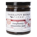 Terrapin Ridge Farms Raspberry Amaretto Jam, 10.8 oz (306g), comes in a jar with a black lid and white label stating “simple ingredients,” “gluten free,” and “vegan.” This delicious fruit spread is ideal for gourmet desserts.