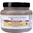 A clear plastic jar of Terrapin Ridge Farms Raspberry Honey Mustard Quart with a black lid. This gluten free gourmet condiment, made with simple ingredients, is perfect for charcuterie boards. Net weight: 40 oz (2.5 lbs).