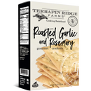 Terrapin Ridge Farms Roasted Garlic and Rosemary Crackers come in a box displaying cracker pieces on the front, nutrition facts on the side, and Terrapin Ridge Farms branding at the top—ideal for charcuterie board snacks.