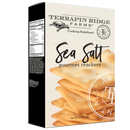 Terrapin Ridge Farms Sea Salt Gourmet Crackers come in a beige pack with stacked crackers pictured and a nutrition facts label. Perfect for charcuterie boards or entertaining snacks.