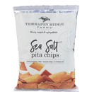 A bag of Terrapin Ridge Farms Sea Salt Pita Chips in white packaging with images of kettle-cooked pita chips. The label highlights Cholesterol Free, Sugar Free, and 0 Trans Fat. Net weight: 8 oz (226g). Brand: Terrapin Ridge Farms.