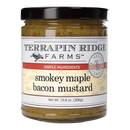 Terrapin Ridge Farms Smokey Maple Bacon Mustard is a 10.8 oz (306g) glass jar of gourmet yellow mustard with visible spices, black lid, and branded label—perfect for charcuterie boards.