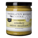 Terrapin Ridge Farms Smokey Onion Gourmet Mustard, in an 8.5 oz (241g) glass jar with a white and yellow label, is a vegan, fat-free condiment perfect for burgers and gourmet dishes.