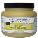 A 36 oz (1020 g) jar of Terrapin Ridge Farms Smokey Onion Mustard - Quart with a black lid. This vegan, fat-free barbecue mustard by Terrapin Ridge Farms is an ideal burger condiment and topper.