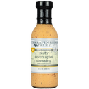 A bottle of Terrapin Ridge Farms Zesty Seven Spice Dressing with a black cap and beige, speckled sauce. The label highlights Japanese seven spice, making it an ideal Shichimi Togarashi-style dressing for sauces or dips.