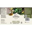Label for Texan Heartland Green Chile Chimichurri Marinade & Sauce by Texan Heartland, featuring Southwestern flavors. Includes nutrition facts, ingredients, serving tips, and images of olive oil, limes, jalapeños, garlic, and herbs.