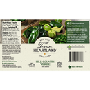 Texan Heartland Hill Country Verde Hot Sauce label with green peppers, roasted poblanos, tomatillos, herbs, nutrition facts, ingredients, barcode, mild heat level indicator, and serving suggestions. Made in Texas by Texan Heartland.