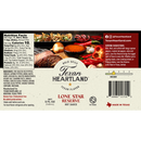Texan Heartland Lone Star Reserve Hot Sauce label displays nutrition facts, ingredients, serving ideas, barcode, brand logo, and images of steak, ribs, and hot peppers. Medium heat. Made in Texas. 5 fl oz bottle.