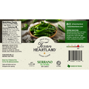 A label for Texan Heartland Serrano Sunfire Hot Sauce displays nutrition facts, ingredients, serving ideas, serrano peppers artwork, barcodes, social media icons, and "Made in Texas"—ideal for fans of Texan Heartland hot sauce.