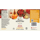 Label for Texan Heartland Texas Pequin & Honey Mop Sauce & Marinade features pequin peppers, ingredients, nutrition facts, a honey dipper, sauce bowl, barcode, QR code, and brand info on a white and gold background.