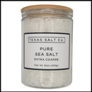 Texas Salt Co. Pure Extra Coarse Sea Salt comes in a clear glass jar with a wooden lid, 15oz (425g). Perfect for grinders and ideal as a dry brining salt for your favorite recipes.