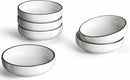 Six Texas Salt Co. Round Dipping Dishes, white porcelain with thin black rims, are shown stacked and single on a white background—ideal for serving bread dips or sauces.