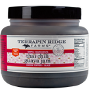 Terrapin Ridge Farms Thai Chili Guava Jam - Quart, with a black lid, is a sweet-and-spicy jam that's gluten-free, vegan, made with simple ingredients, and ideal as a cheese board topper or glaze. Some nutritional info is visible.