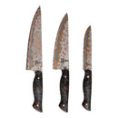 The Folded Steel Hellebore 3-Piece CuMai Knife Set features AUS10 Damascus steel blades with wavy patterns and black-copper marbled handles, displayed upright in size order from largest to smallest.