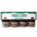 The Spice Guy Colorado Box by The Spice Guy features four blends—Breck Brisket, Garden of the Gods, Roasted Red Rocks, and Midnight Toker—under a license plate-style green box marked “FRSH 2 DTH,” perfect for outdoor cooking adventures.