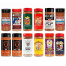 The Ultimate Pitmaster Rub Collection by DDR BBQ Supply features twelve assorted Competition BBQ Seasonings and rub bottles with colorful labels, uniquely branded, arranged in three rows on a white background.