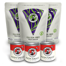 Three bags of Urban Slicer Pizza Worx Gluten Free The Worx dough mix and three cans of pizza sauce are displayed together, making homemade gluten free pizza simple against a clean white background.