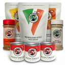 Urban Slicer Pizza Worx's Slicer's Special includes Neapolitan and deep dish dough mix, two seasoning jars, and three sauce cans—all arranged against a white background and perfect for pizza oven cooking.