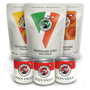 Urban Slicer Pizza Worx the WORX! + Sauce includes two pizza dough mixes (Neapolitan Style and another type) and three pizza sauces, all displayed on a white background—ideal for homemade pizza nights.