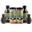 The WarPig BBQ Bold & Savory Beef BBQ Gift Set features two bottles of BBQ sauce and two rub containers, arranged with grenade-shaped accents for a standout display—perfect for gifting.