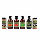 The WarPig BBQ Full Battle Rattle 6 Pack Combo includes Ham Grenade and Bullzoooka seasoning shakers plus four sauces (FUBAR, SNAFU, FUBAR, .50 COW), all in clear packs with green, red, or black labels—perfect for grilling spice lovers.