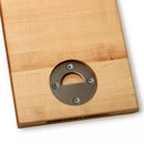 A close-up of the Words With Boards Gluten Free Personalized Cutting Board (6 1/4" x 9 1/2") by Words with Boards, LLC, featuring a built-in stainless steel bottle opener secured with four screws in the corner.