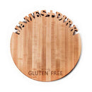 The Words With Boards Seriously Gluten Free Round Personalized Cutting Board (14", by Words with Boards, LLC) features JAMES + DIRTY cut out at the top and "Seriously GLUTEN FREE" engraved at the bottom—ideal as a gluten free or unique charcuterie board.