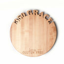 The Words With Boards Seriously Gluten Free Round Personalized Cutting Board (14" diameter) by Words with Boards, LLC features "350 GRACE" cut out on top and "Seriously GLUTEN FREE" engraved at the bottom—perfect for a unique, gluten-free charcuterie display.