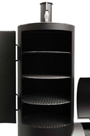 The image shows a Yoder Smokers Durango 20 Offset Smoker by Yoder Smokers, featuring three round grill racks, a vertical left-side door, and a vented chimney—ideal for large-capacity BBQ sessions.