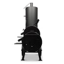 A front view of the Yoder Smokers Durango 20 Offset Smoker by Yoder Smokers, featuring a black finish, cylindrical firebox, large BBQ main chamber, and a chimney on top.