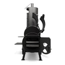 Front view of the Yoder Smokers Durango 20 Offset Smoker in black, featuring open doors that reveal multiple chambers and grill racks. This large-capacity Yoder Smokers BBQ includes adjustable vents, a top chimney, and stands on four legs.