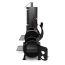 The Yoder Smokers Durango 20 Offset Smoker by Yoder Smokers features a black, vertical design with multiple cooking chambers, open lids displaying grill grates, mesh side shelves, and a partially open main chamber with an adjustable vent for large BBQ capacity.