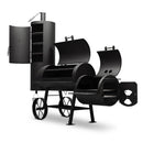 The Yoder Smokers Durango 20 Offset Smoker by Yoder Smokers features a main barrel, firebox, and vertical smoking tower with multiple grates for large-capacity BBQ, all supported by two big wheels and sturdy legs.
