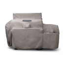 The Yoder Smokers All-Weather Cover for Loaded Wichita Offset Smoker is a light gray, heavy-duty cover with sections and pockets, designed to protect your grill and side burner, shown on a white background.