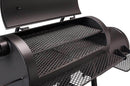 A close-up of the Yoder Smokers Loaded Wichita Offset Smoker shows two steel mesh racks and a matching side table. With the lid open, you can see its spacious, American-made interior—quality craftsmanship from Yoder Smokers.