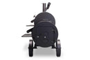 A front view of the Yoder Smokers Loaded Wichita Offset Smoker by Yoder Smokers, featuring a black finish, two left-side shelves, large bottom wheels, and a rounded main chamber with a chimney vent.