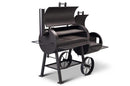 The Yoder Smokers Loaded Wichita Offset Smoker features black metal, two large wheels, dual cooking racks, a chimney, an open lid showing grates inside, four sturdy legs, and a grated bottom shelf. Brand: Yoder Smokers.