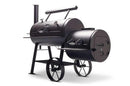 The Yoder Smokers Loaded Wichita Offset Smoker by Yoder Smokers features two large barrel chambers, a side firebox, two wheels, and a smoke stack, all shown against a white background.