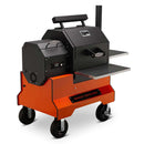 The Yoder Smokers YS480S Competition Pellet Grill with stainless steel shelves features four wheels and a chimney—ideal for outdoor cooking, barbecue, and direct-flame grilling.