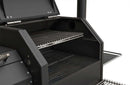 Close-up of an open Yoder Smokers YS480S Competition Pellet Grill with stainless steel shelves, showing two internal stainless cooking racks—perfect for competition pellet grilling and direct-flame cooking.