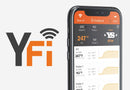 A smartphone displays a temperature monitoring app with grill settings and charts for the Yoder Smokers YS480S Competition Pellet Grill with Stainless Steel Shelves. Beside it, the large “YFi” logo features a Wi-Fi signal over the letter F.