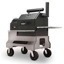 The Yoder Smokers YS480S Competition Pellet Grill features stainless steel shelves, large wheels, side shelf, smoke stack, and handles—perfect for backyard cooking, easy mobility, and direct-flame grilling.
