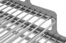 Close-up of a shiny, metallic grill grate with parallel bars and a slotted frame, like the Yoder Smokers YS640 3-Tier Wire Smoking Rack. The image showcases its clean, polished finish and sturdy construction from Yoder Smokers.