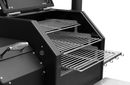 Close-up of a Yoder Smokers YS640 3-Tier Wire Smoking Rack in a black barbecue smoker with the lid open, showing ample vertical cooking space, sturdy handles, and multiple side hooks. Crafted by Yoder Smokers.